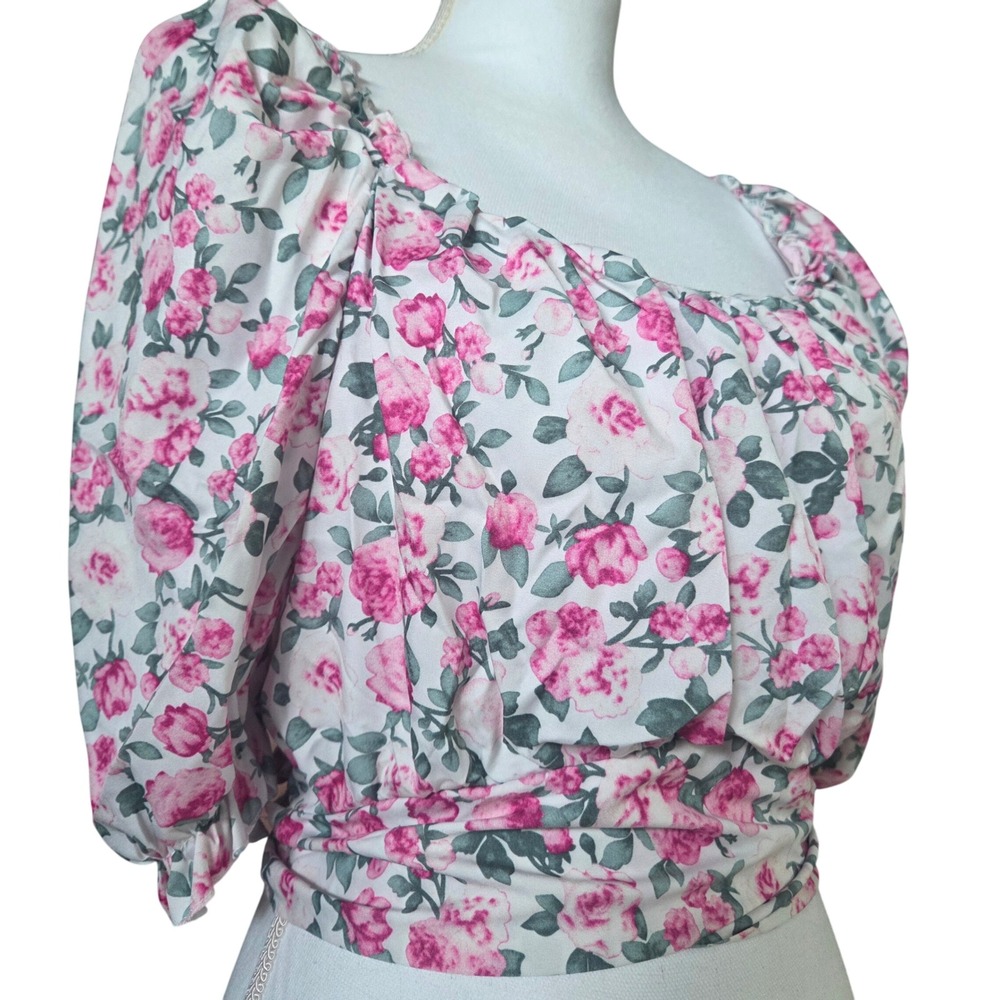 Pink Floral Puff Sleeve Crop Top Smocked Back Tie Waist Small Coquette Soft Girl